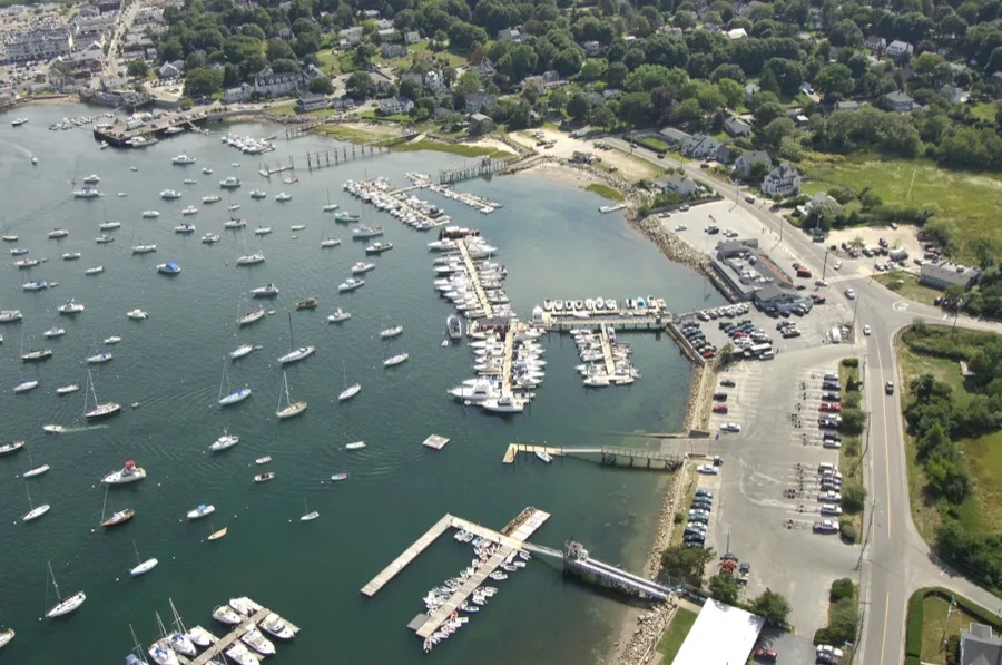 Scituate Harbor aerial — marina docks and moorings